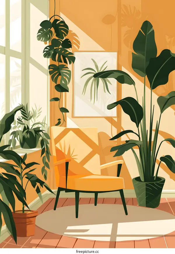 Yellow Armchair in a Sunlit Room with Plants