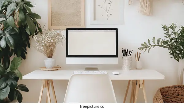 Modern Home Office Workspace with Plants and Decor