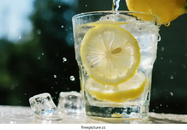 Refreshing lemon water with ice cubes on wooden table