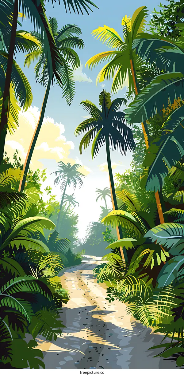 Tropical Jungle Path With Palm Trees And Lush Greenery