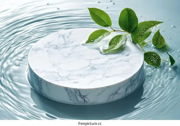 Marble Platform with Green Leaves in Water