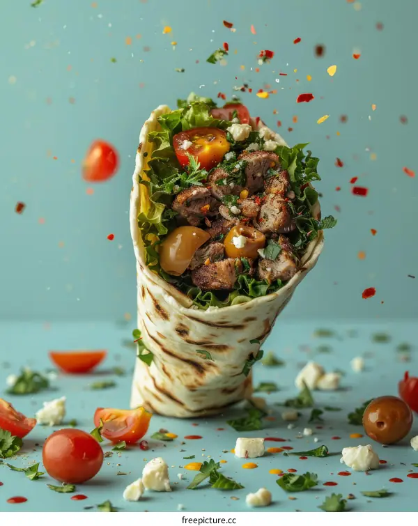Beef and salad wrap with flying ingredients