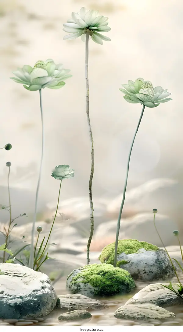 Green Lotus Flowers and Stones in a Foggy Landscape