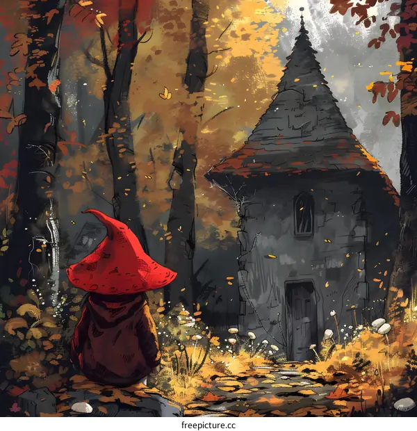 Fantasy Forest Illustration with Red Hat Person