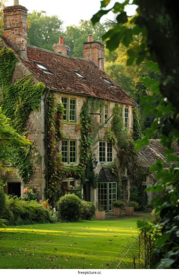 An old stone cottage covered in vines