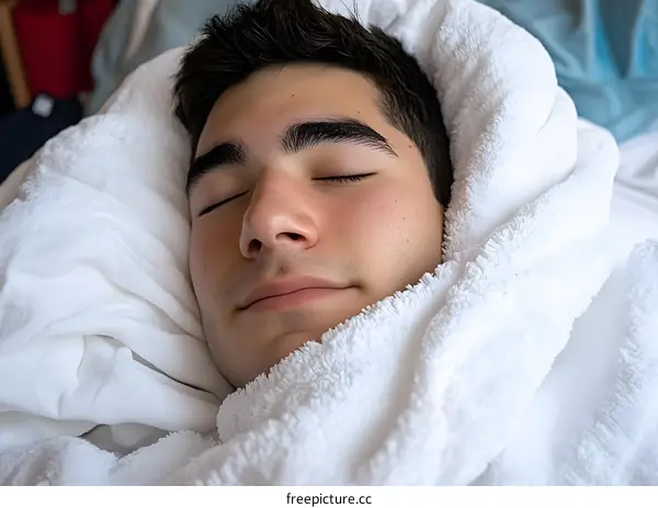 Close Up of Young Man Sleeping With White Blanket