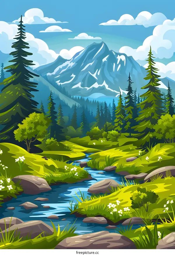 Beautiful Mountain Landscape With Stream And Green Forest
