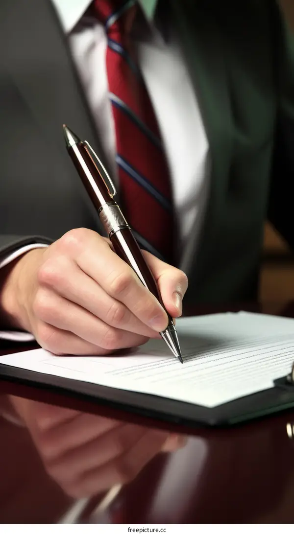 Businessman in suit and tie signing a contract