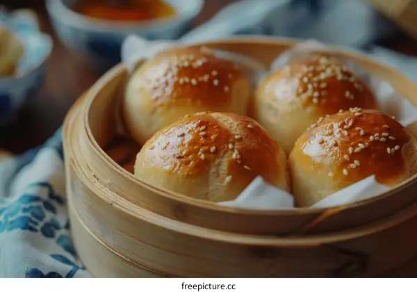 Four steamed buns with sesame seeds in a bamboo steamer