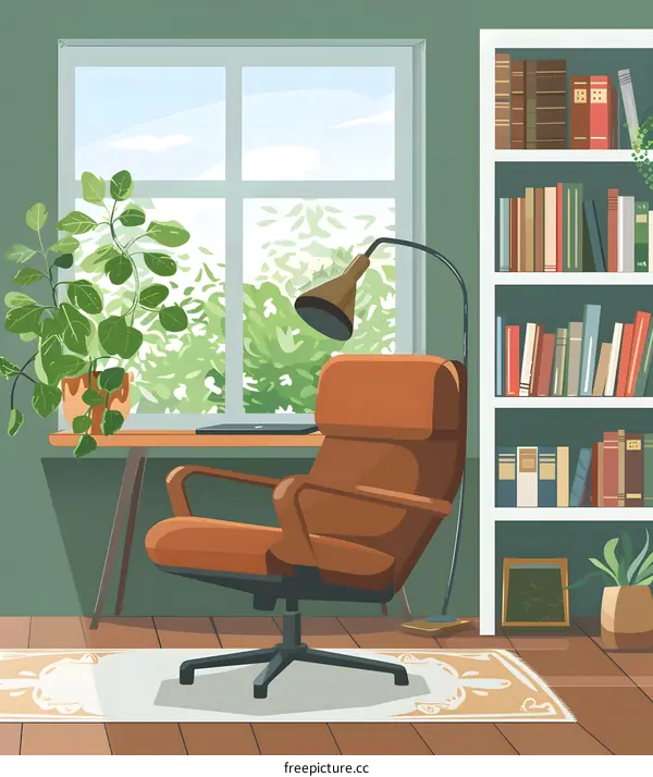 Cozy Home Office with Large Window and Bookcase