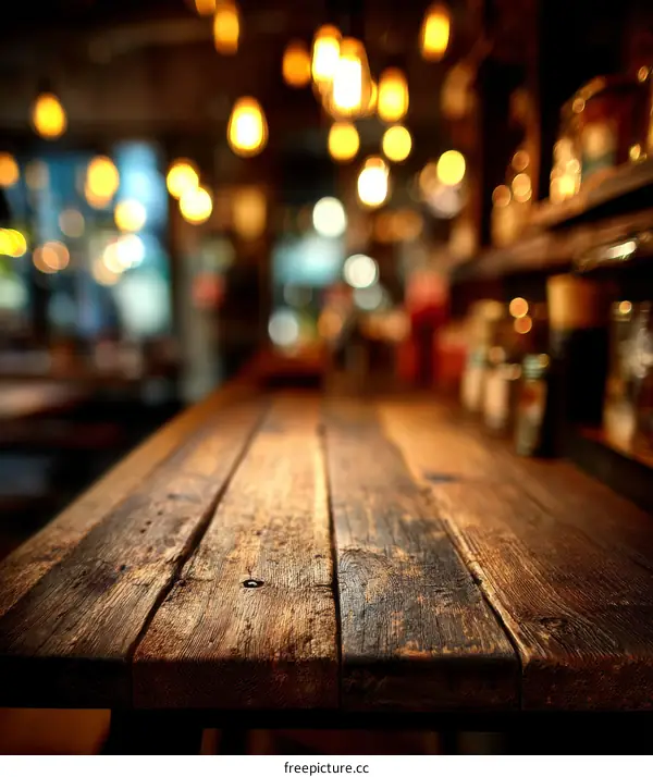 Rustic Wooden Table Top in a Night Bar