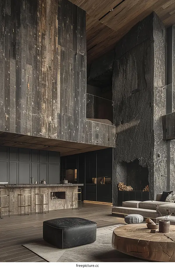 Rustic Living Room with Wood and Stone Features