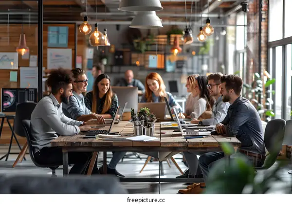 group of people working together at a long table in an office