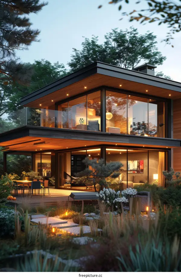 Modern Two-Story House with Expansive Glass Windows and Terrace Overlooking Serene Nature