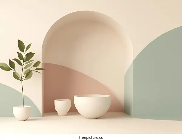 Minimalist Abstract Arch Background With Green Plant and White Pots