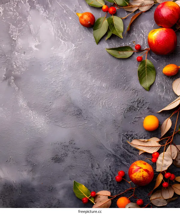 Autumn Leaves and Fruit on Gray Background