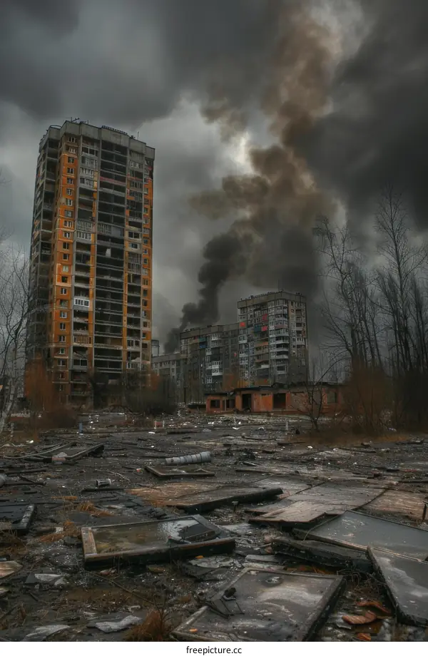 Ruins of destroyed residential buildings in the aftermath of a war