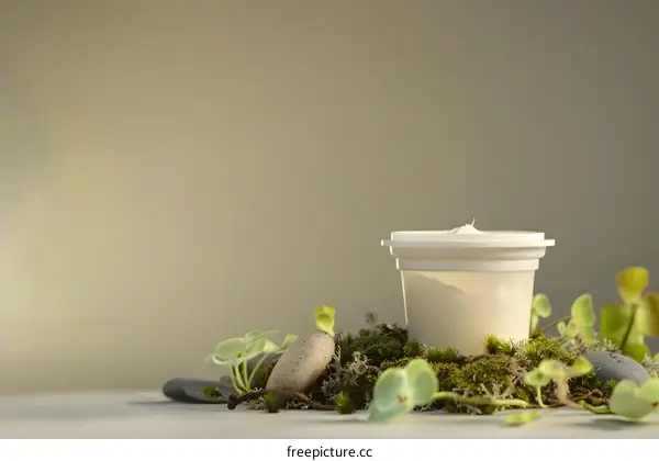 Natural Skincare Cream Jar with Green Moss and Stones