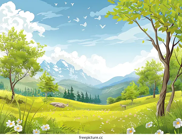 Green Meadow Landscape with Mountains and Birds
