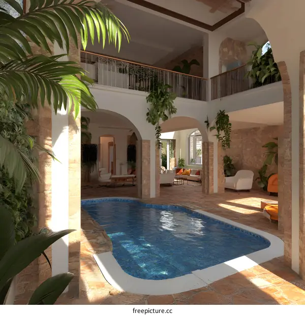 Indoor Swimming Pool with Archways and Lush Greenery