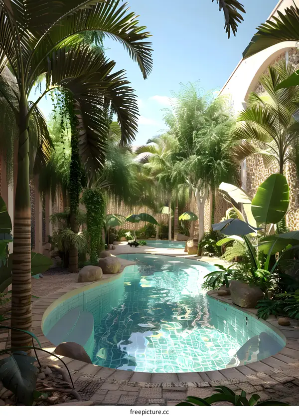 Tropical Oasis Swimming Pool with Palm Trees