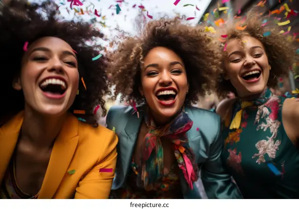 Three young women celebrating with confetti