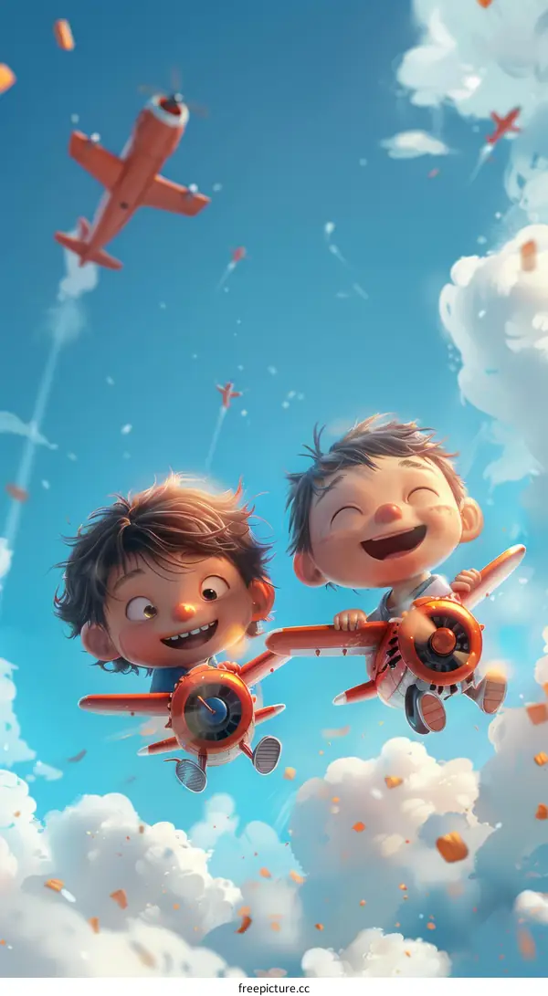 Two Boys Soaring Through the Clouds in Toy Airplanes