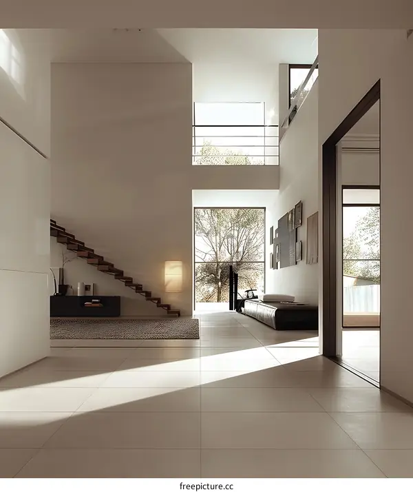 Modern Minimalist Interior Design with a Staircase and Large Windows