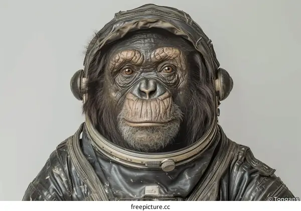 A photo of a chimpanzee wearing a space helmet