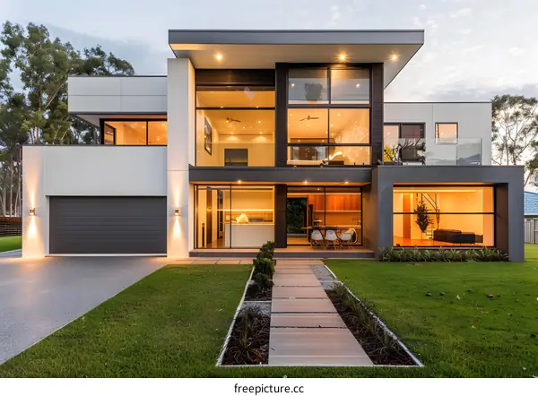 Modern House with Large Windows and Stone Pathway