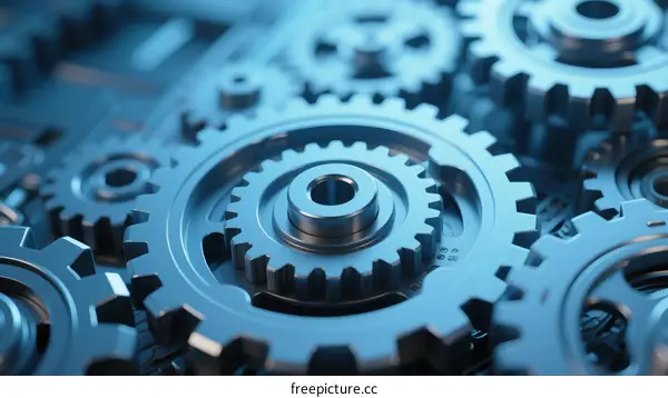 Close-up view of metal gears with mechanical connection