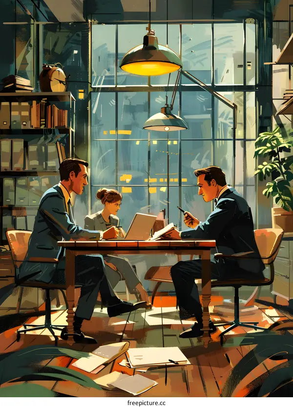 Three business people in suits are sitting around a table having a meeting in an office.