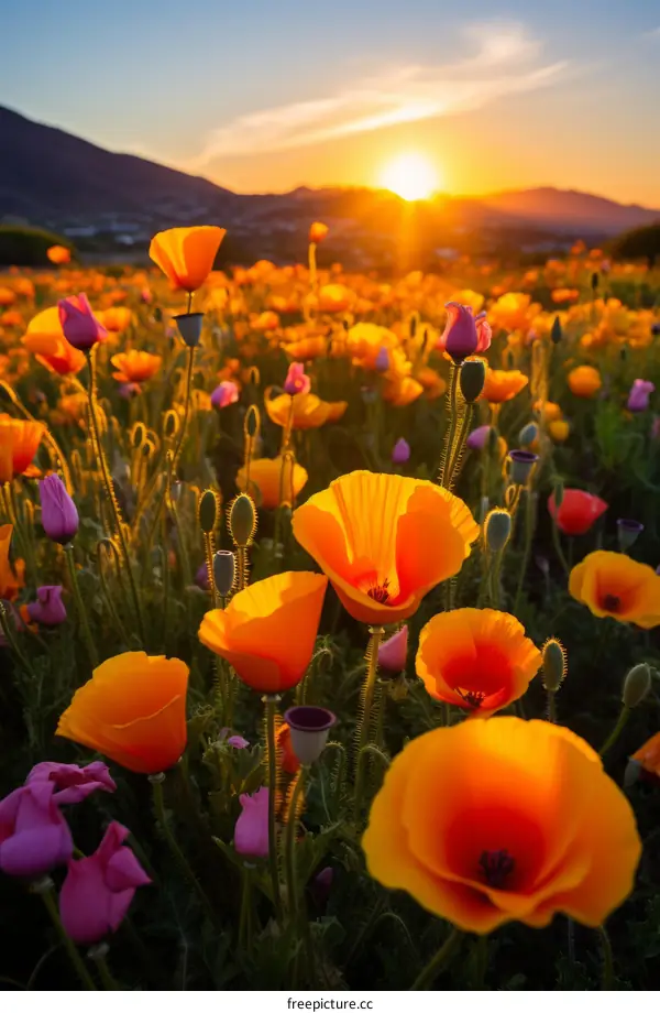 Field of orange and purple flowers at sunset