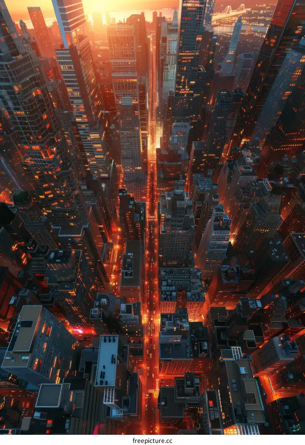 Urban Skyline at Sunset Aerial View