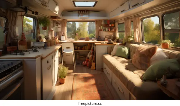 Cozy Interior of a Camper Van Boasting a Kitchen, Living Space, and Ample Greenery