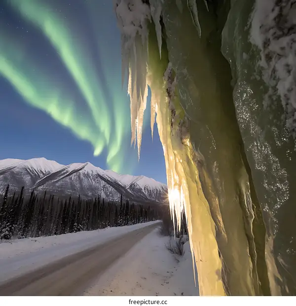 Aurora Borealis in the Mountains with Icicles