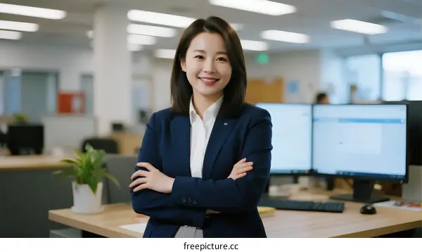 Professional business woman in modern office with crossed arms