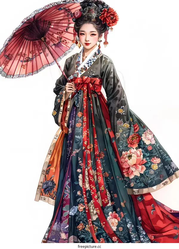 A woman in a traditional Chinese dress is holding a red umbrella.