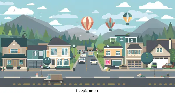 Colorful Illustration of a Suburban Street with Houses, Cars and Hot Air Balloons