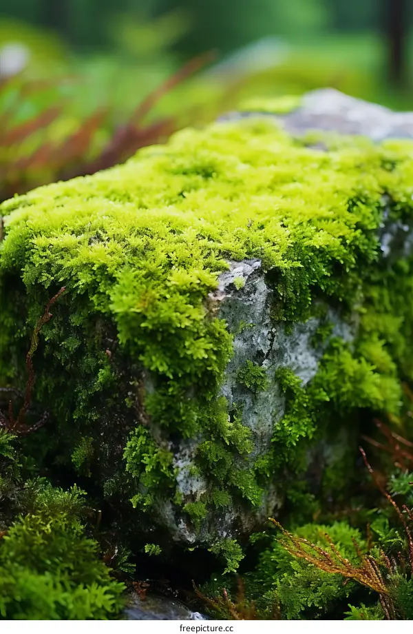 Close up of green moss growing on a rock in a forest