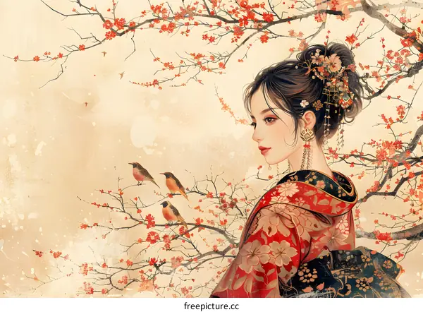 A beautiful painting of a woman in a kimono standing under a cherry blossom tree.
