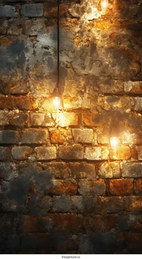 Three light bulbs hanging from the ceiling with brick wall background