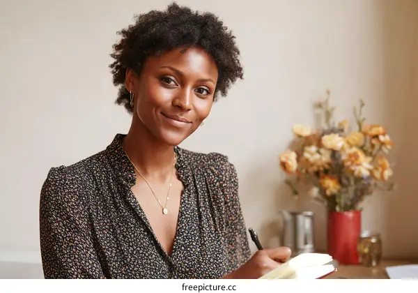 Woman with short curly hair writing in notebook at desk