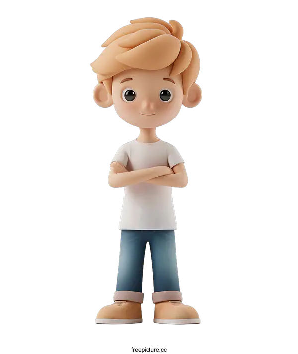 [Transparent Background PNG]Confident Cartoon Boy Standing with Arms Crossed