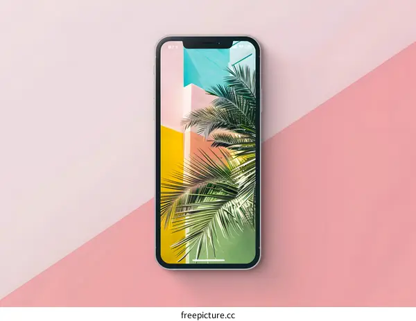 Smartphone With Tropical Palm Tree Wallpaper On Pink Background