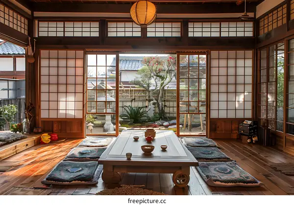 Traditional Japanese tea room with tatami mats and open doors to a garden