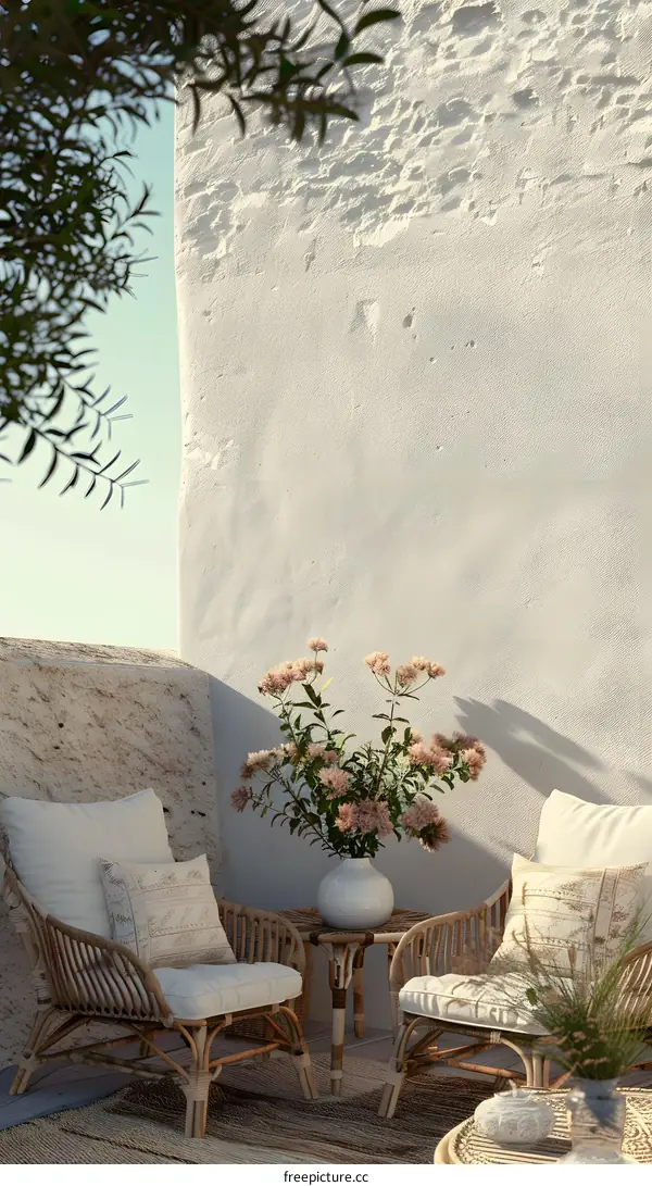 White Wall Patio With Two Chairs And Flowers