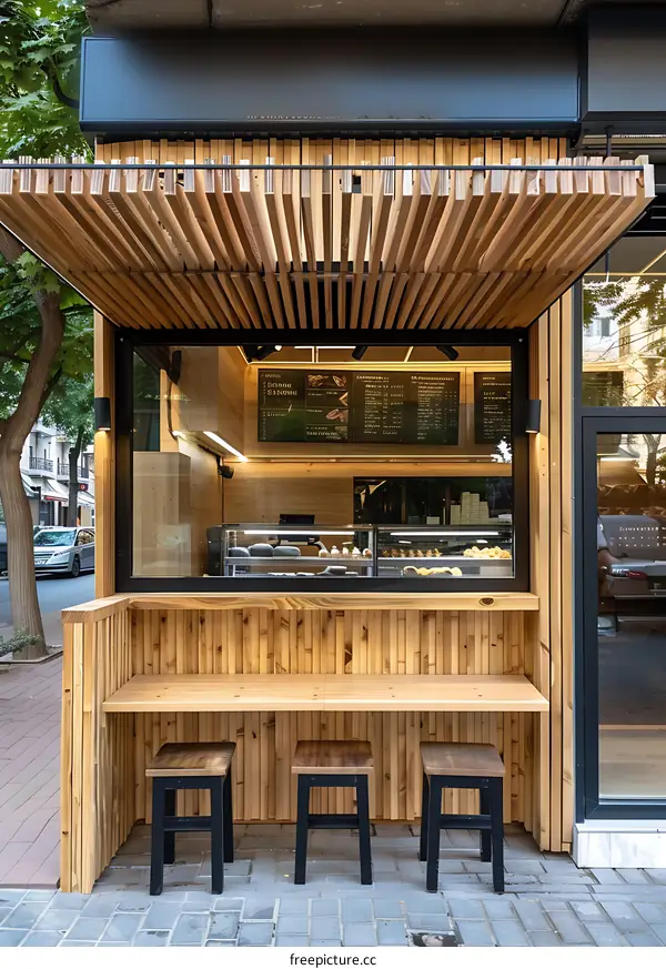 Wooden Outdoor Cafe With Slatted Ceiling And Seating