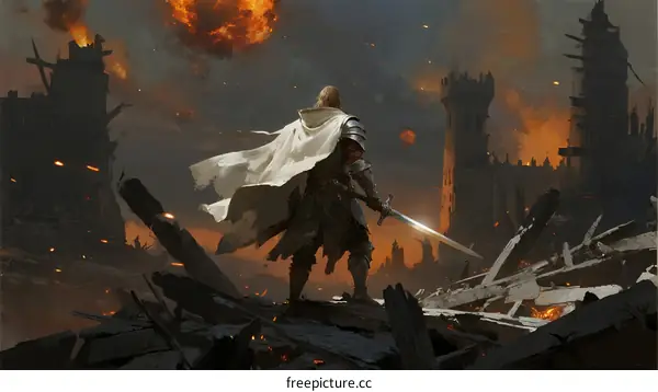 Warrior Standing Amidst Ruins with Fiery Sky Background
