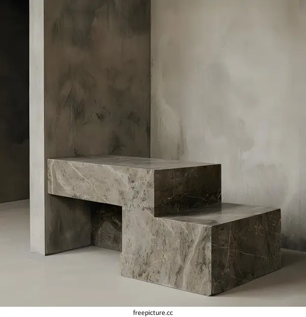 Abstract Stone Bench Against Concrete Wall